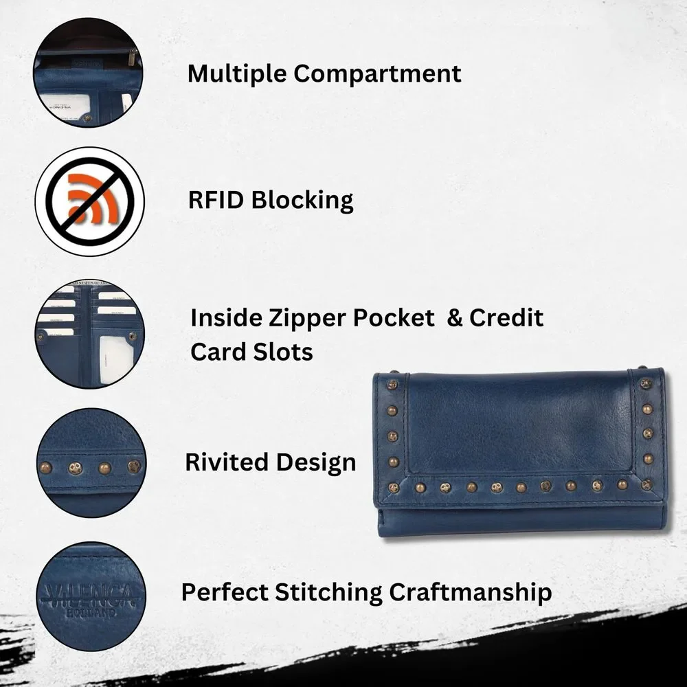Leather Fold-Over Wallet with Stud Detail - Blue
